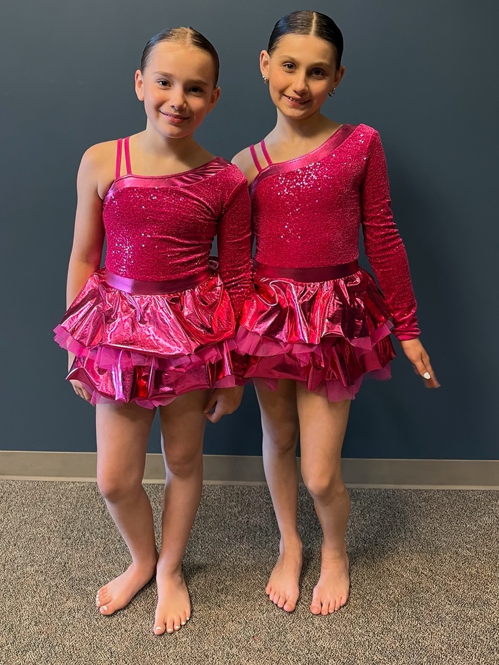 Girls Sparkle Hot Pink Dance Costume with Ruffled Skirt